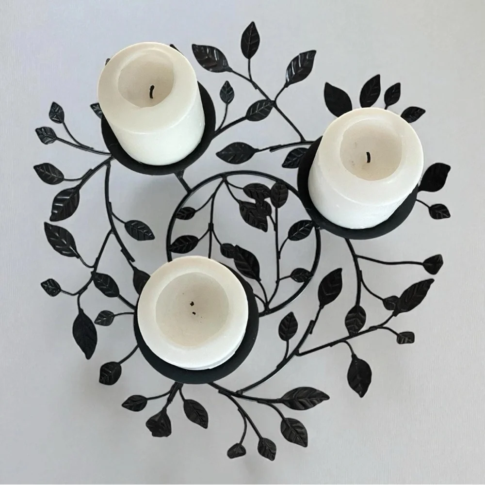 Rustic Metal Leaf Candle Holder Centerpiece with 3 Candles Year Round Decor